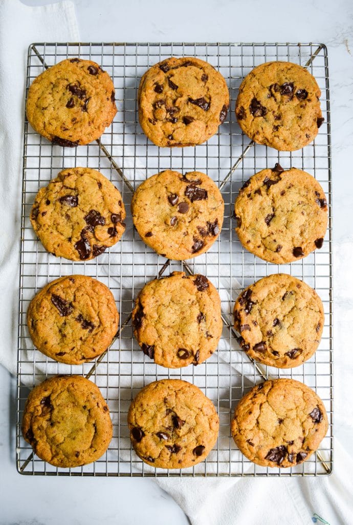 Vegan Banana Chocolate Chip Cookies on a wire cooling rack