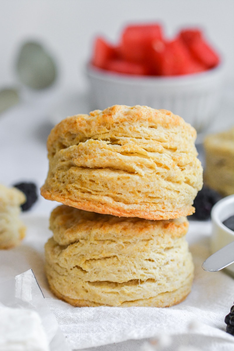 Two eggless biscuits stacked on top of eachother