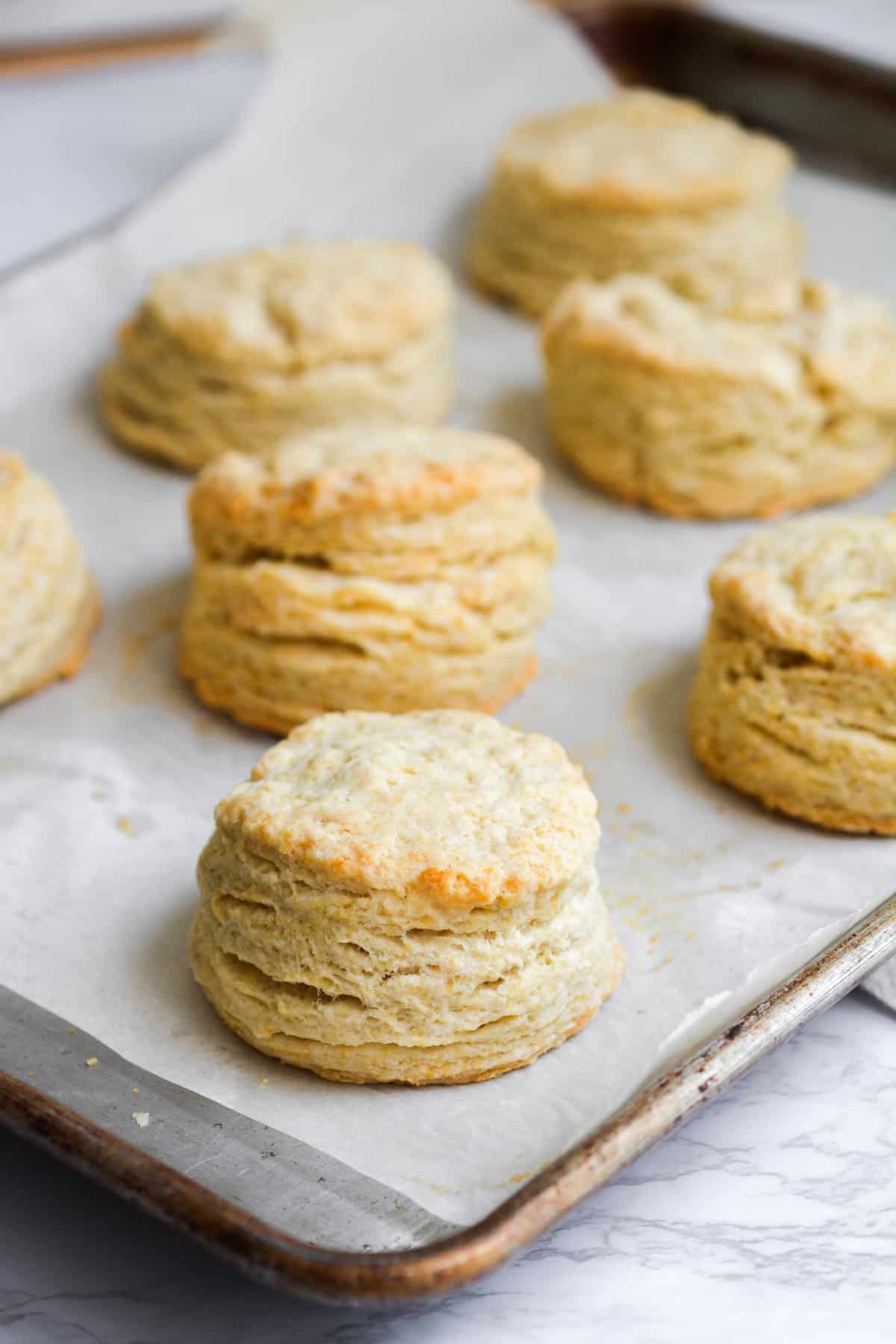 baked vegan buttermilk biscuits on a baking sheet