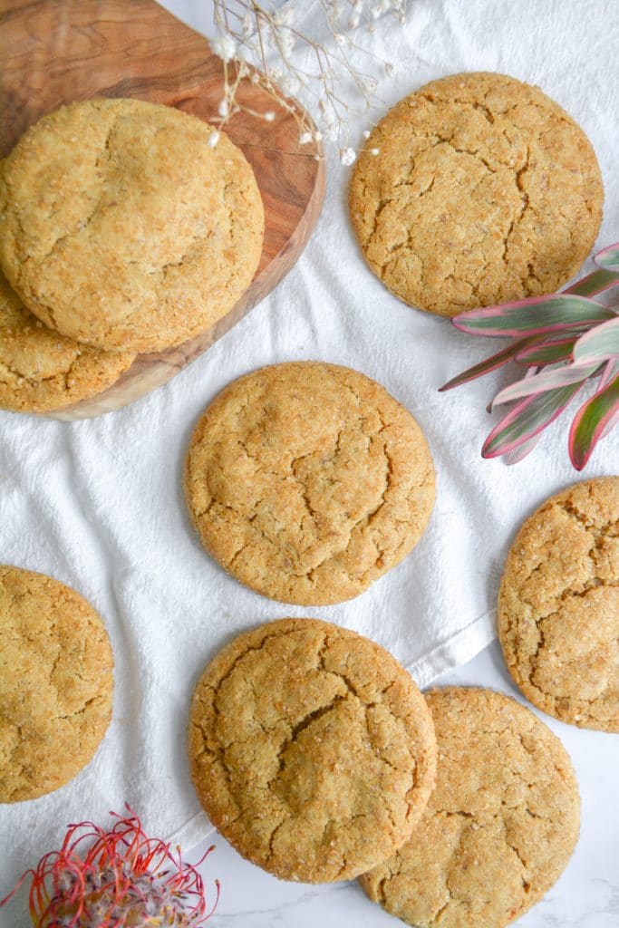 Overhead shot of Vegan Brown Sugar cookies on a white cloth