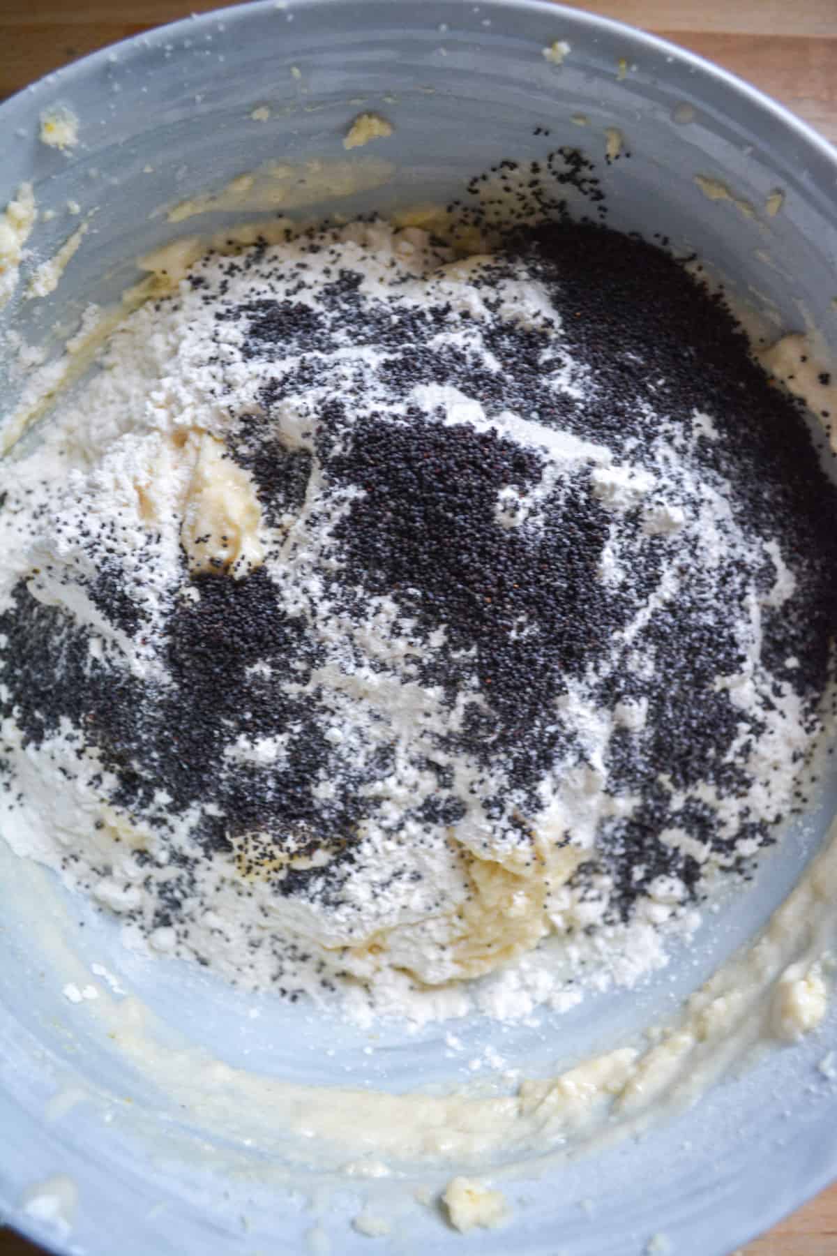 The remaining dry ingredients in the bowl with the poppyseeds.