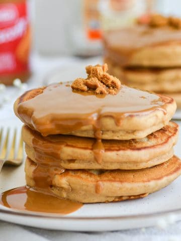 A stack of vegan biscoff pancakes on a plate