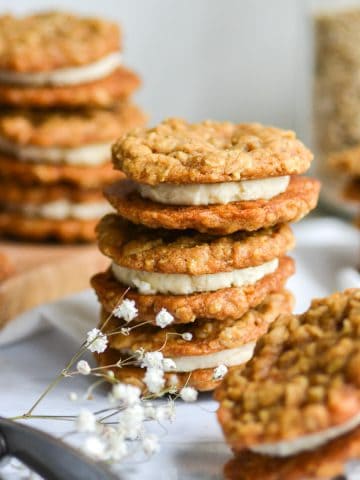 3 Vegan Oatmeal cream pies stacked on one another