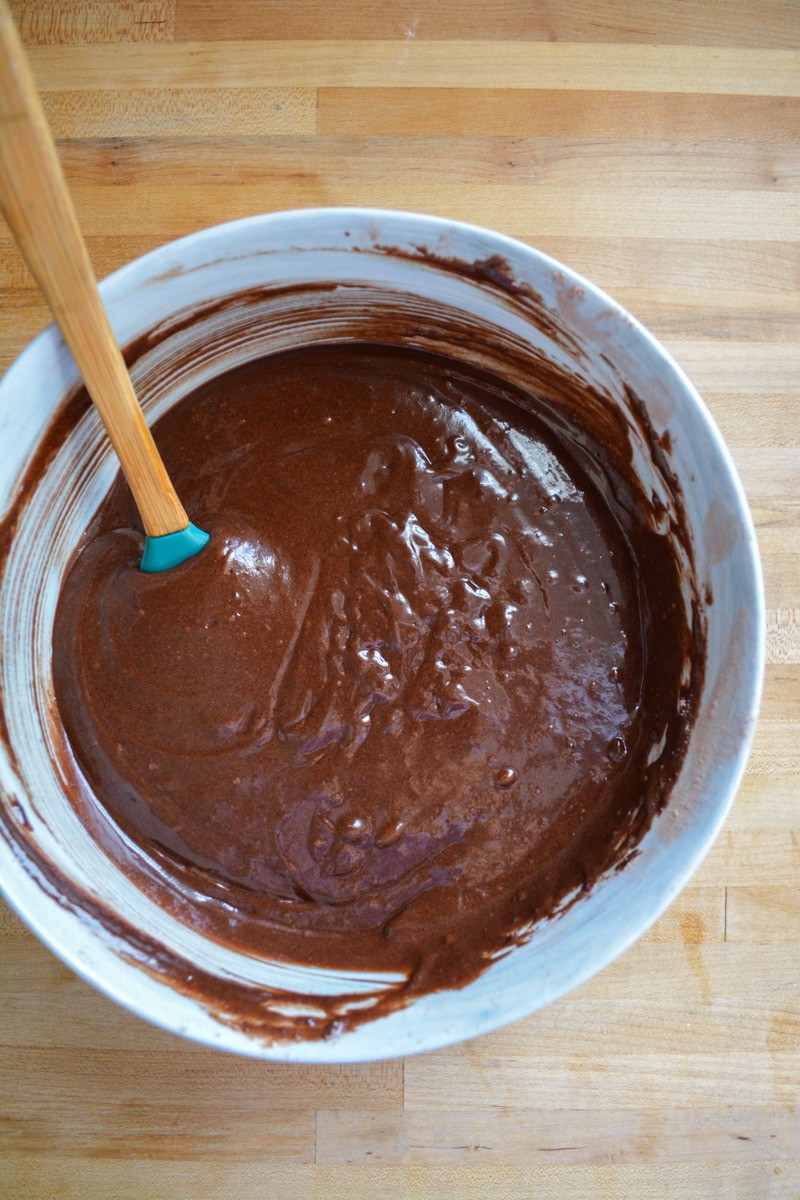 Chocolate Cake batter in a marble bowl