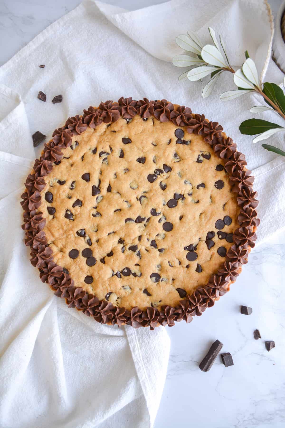 Vegan Cookie cake with chocolate buttercream piped around the edges