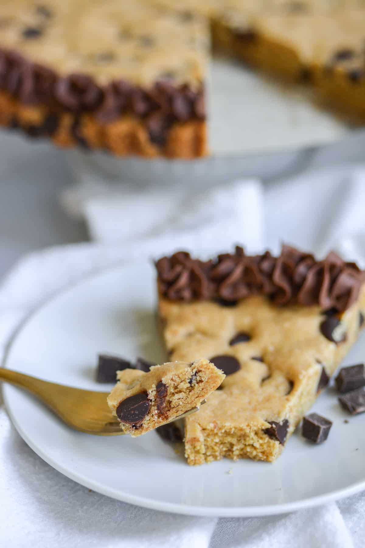 up close of a bite of cookie cake on a fork