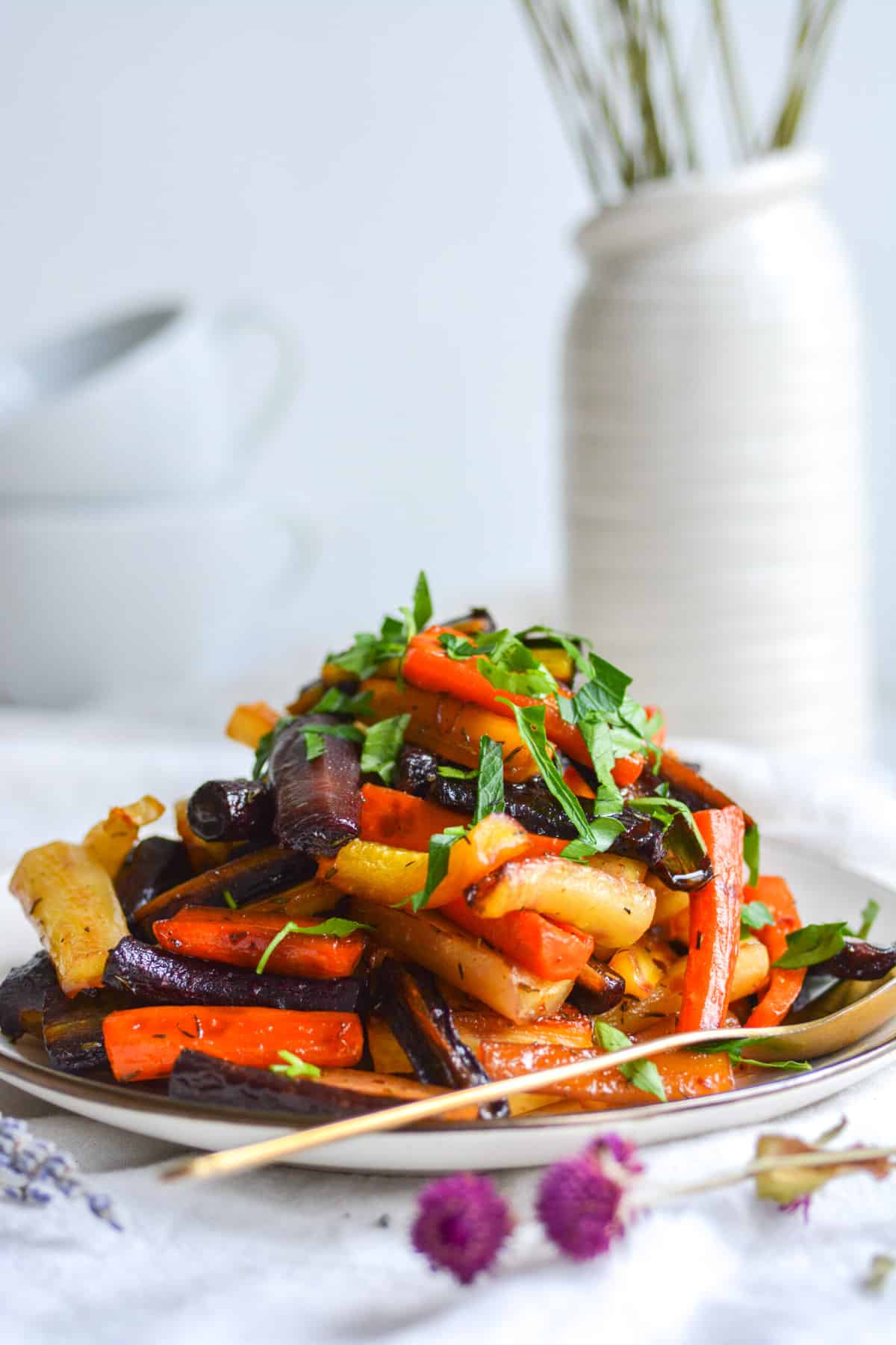 Hot Honey and Thyme Roasted Carrots on a plate