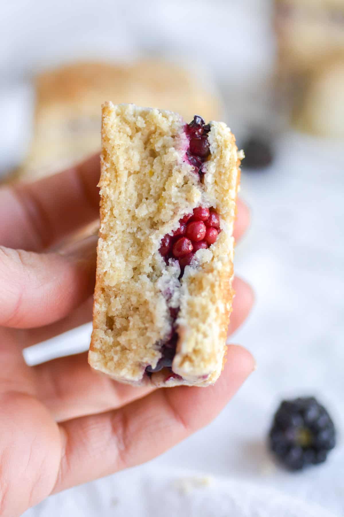 Hand holding a cross section of dairy free gluten free blackberry scone