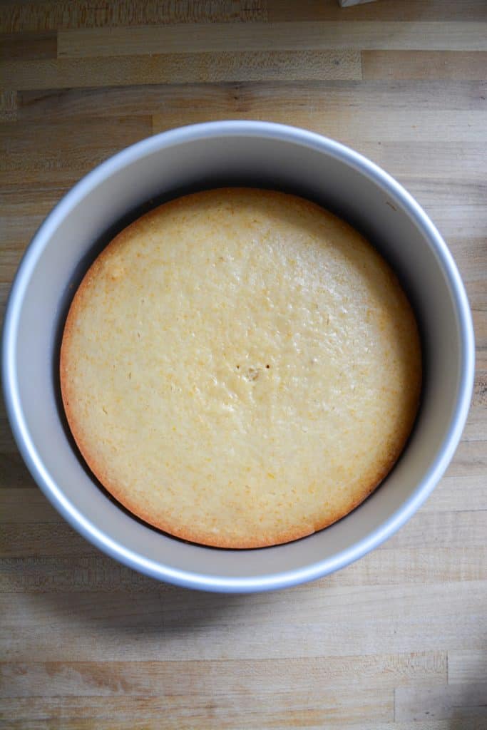 baked cake in a round cake pan