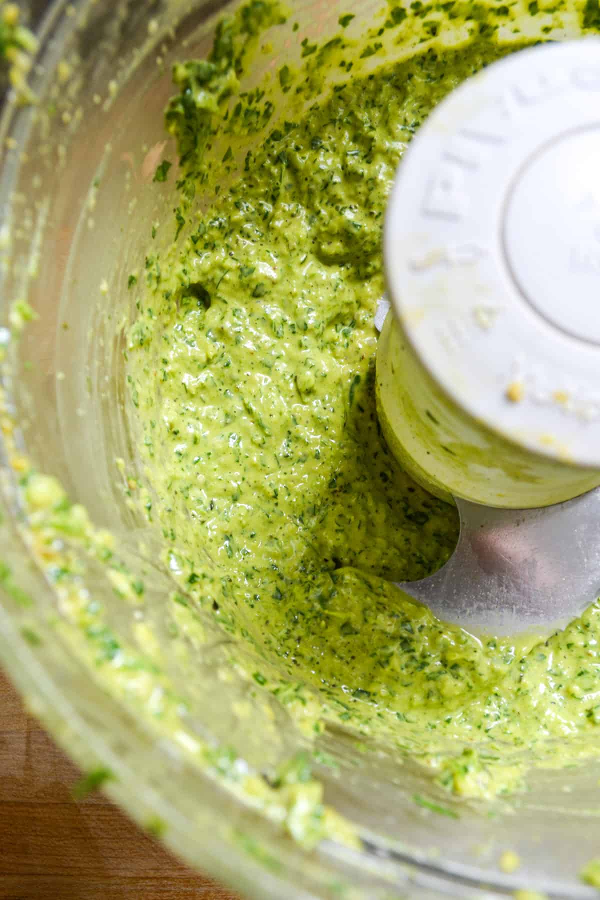 Finished pesto in the food processor.