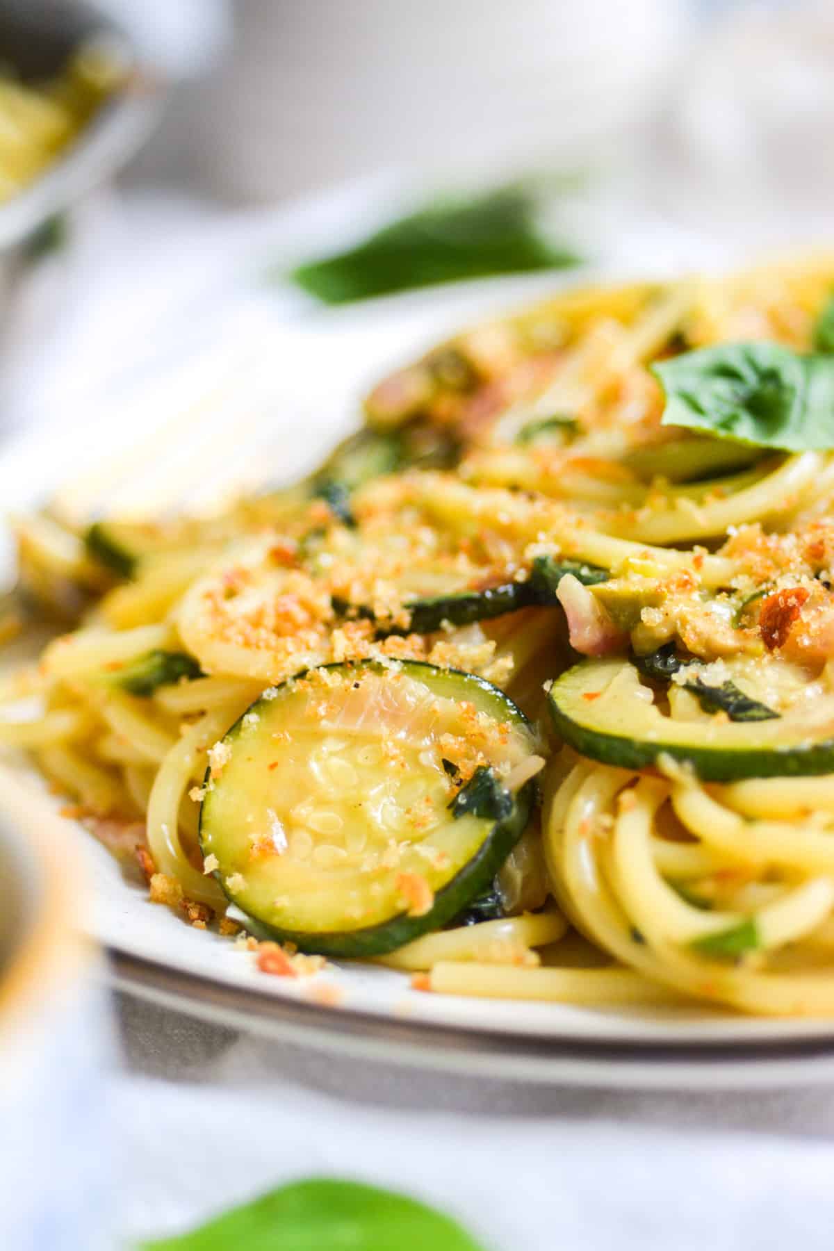 Close up of vegan zucchini pasta on a plate