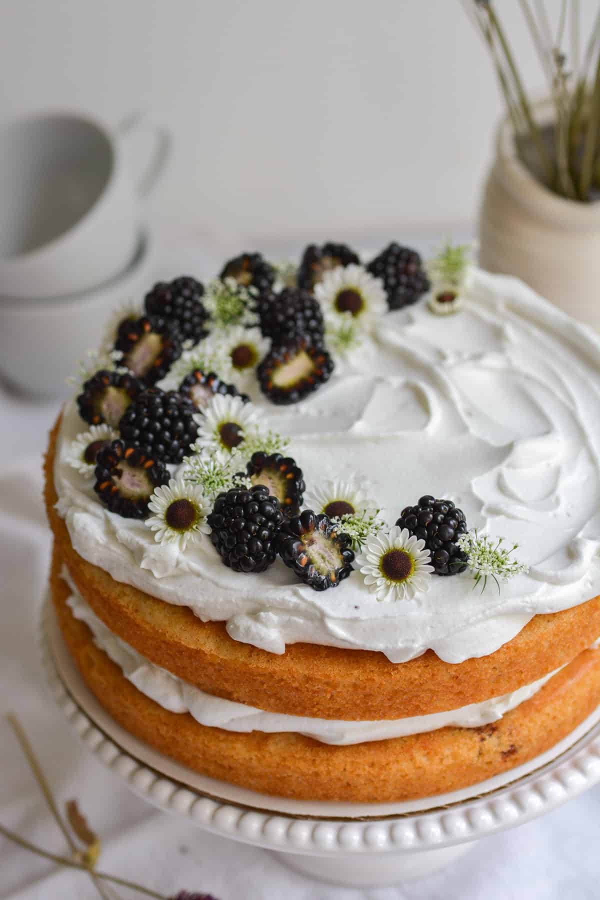 Picture of the finished vegan blackberry chantilly cake.