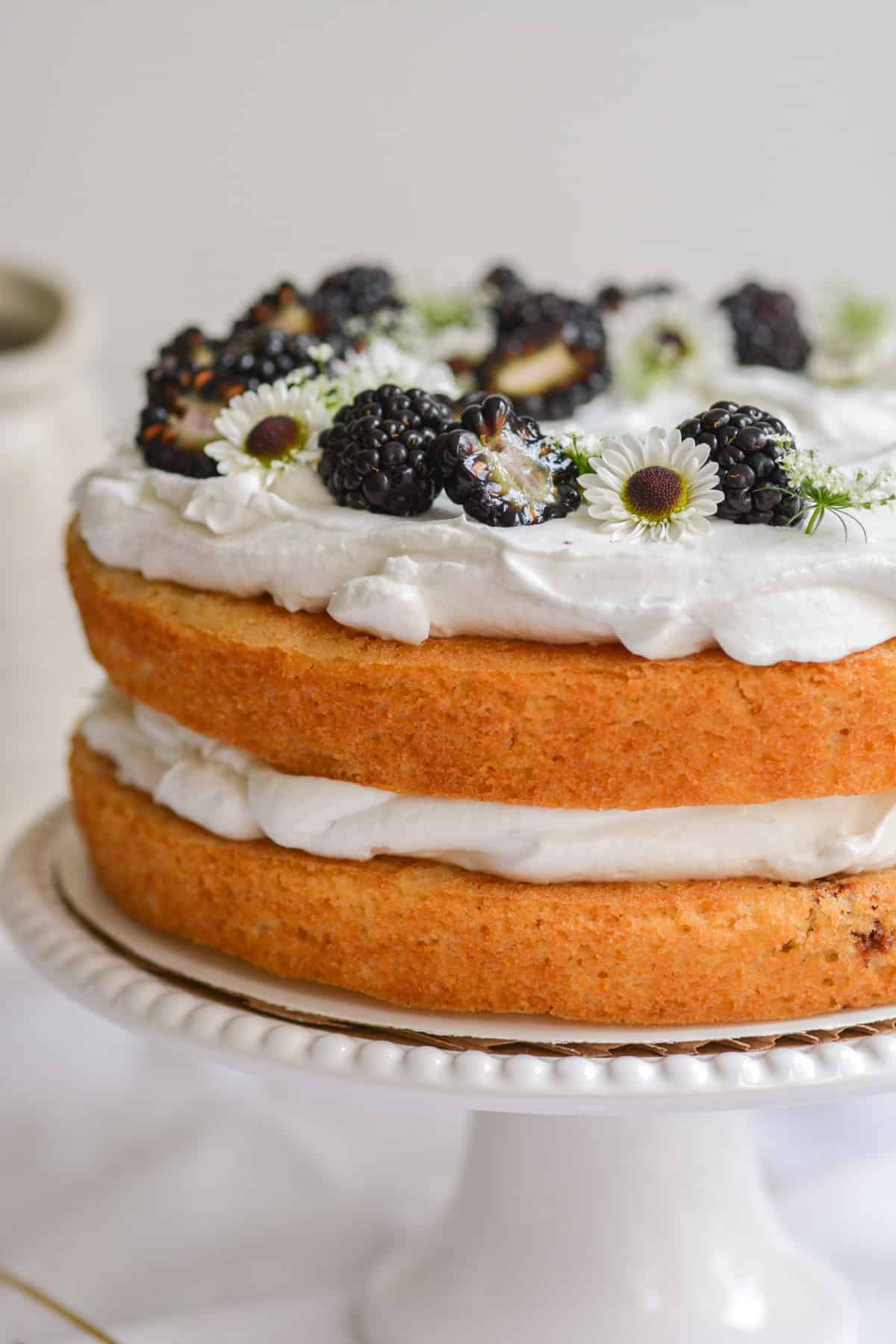 Picture of a Vegan Blackberry Chantilly layer cake on a cake stand