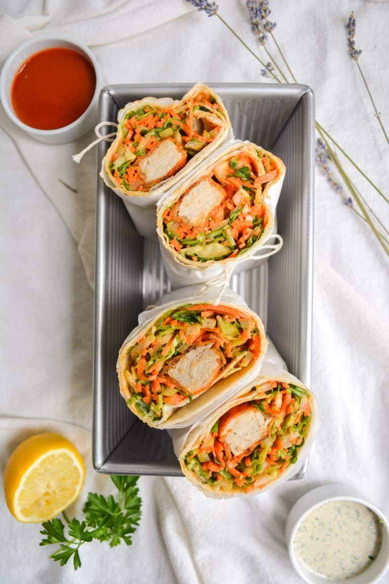 Vegan Buffalo Chicken Wrap with Herbed Tahini Ranch - Earthly Provisions