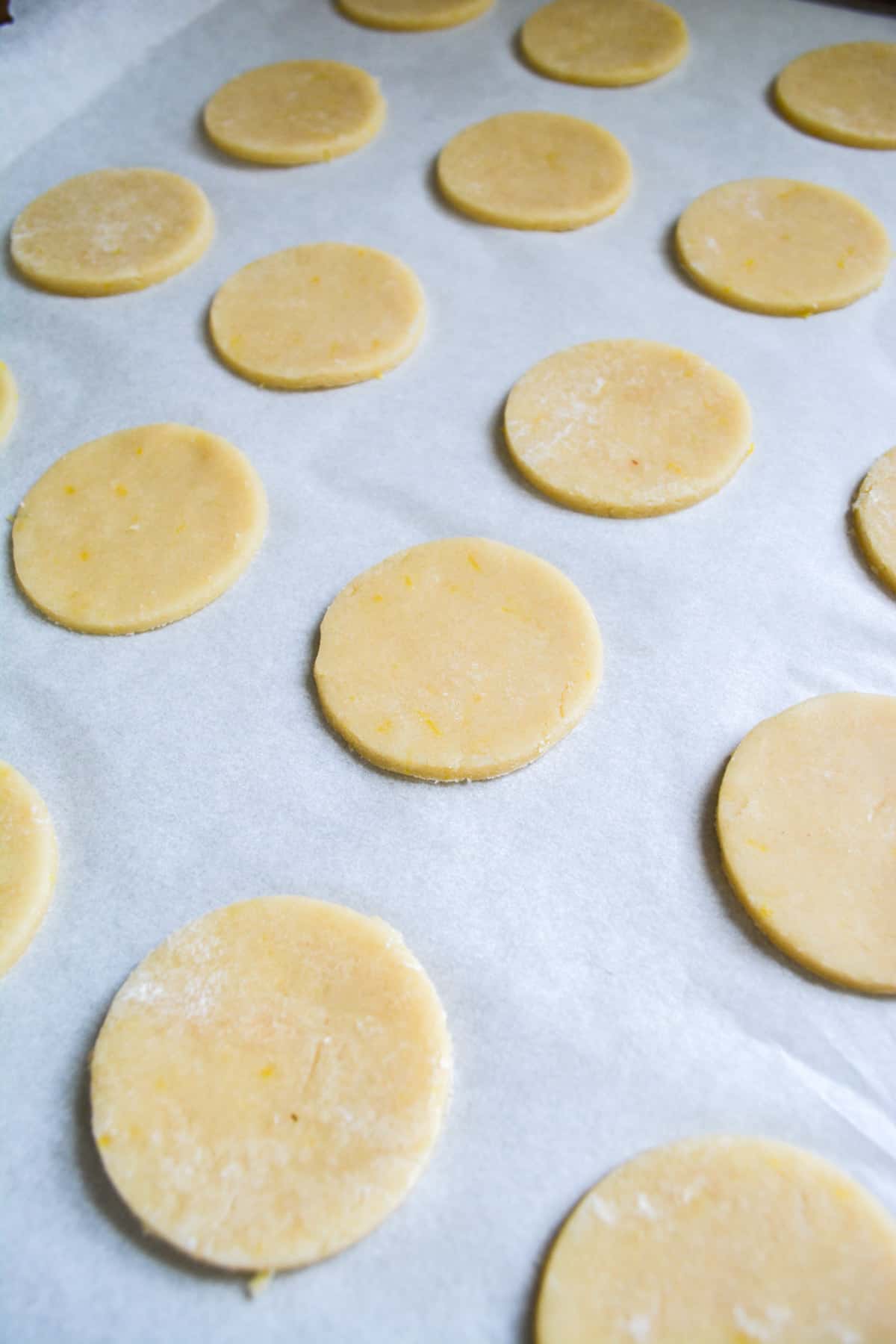 The bottoms of the cookies on a parchment lined baking sheet.