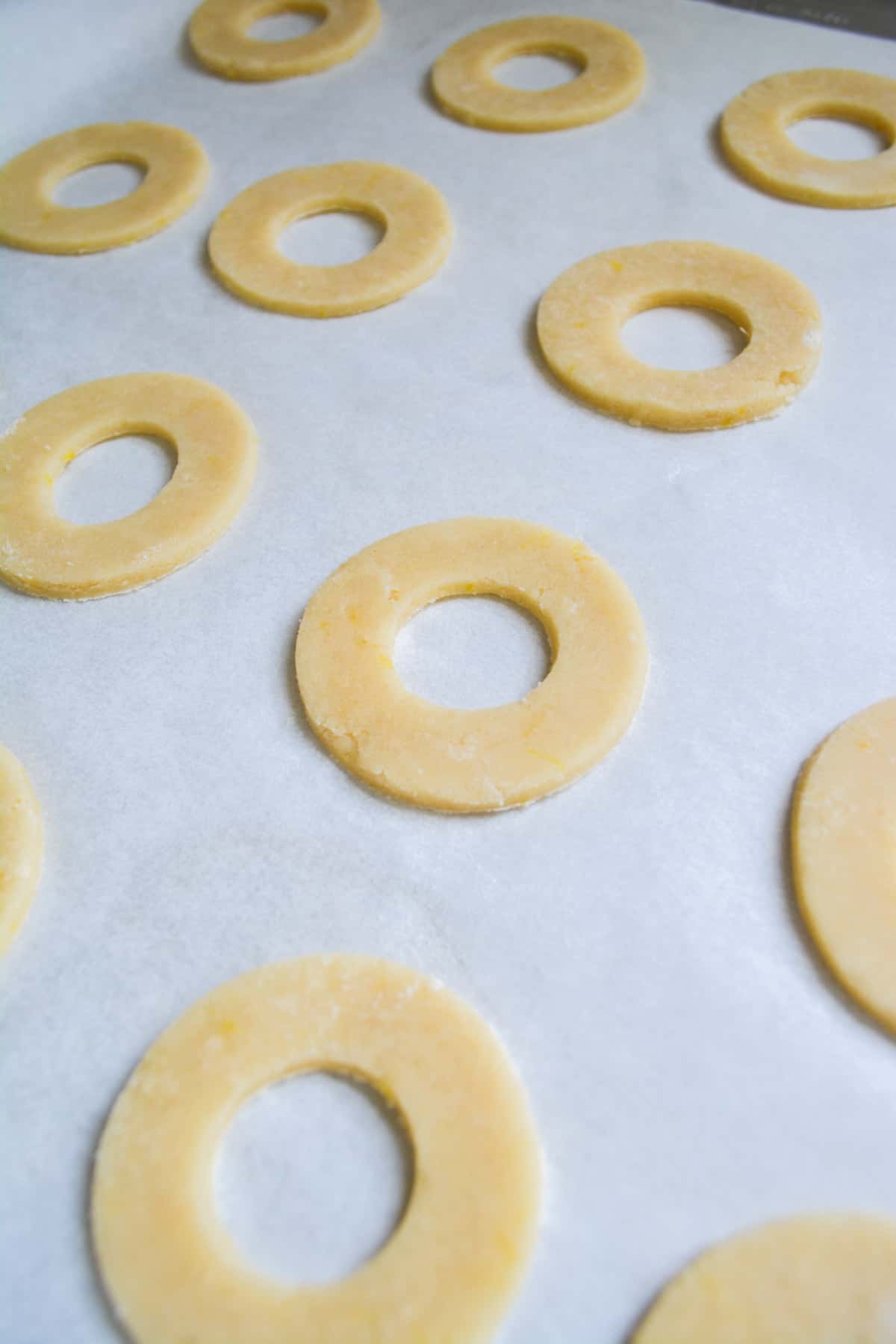 The tops of the cookies on a parchment lined baking sheet.