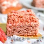 Square slice of Vegan Strawberry Crunch Cake on a cake server