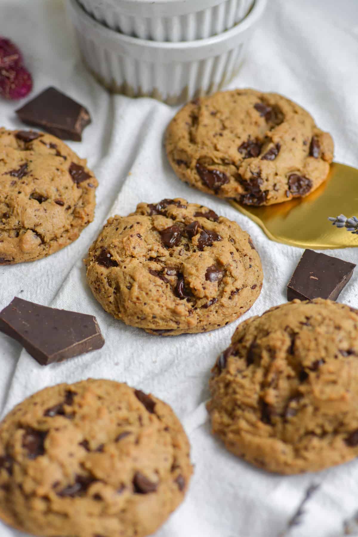 vegan coffee chocolate chip cookies on a white cloth