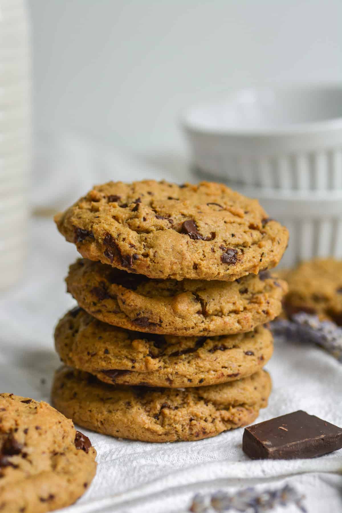 Stack of four vegan coffee chocolate chip cookies
