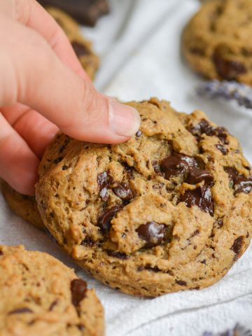 Hand holding a vegan espresso chocolate chip cookie