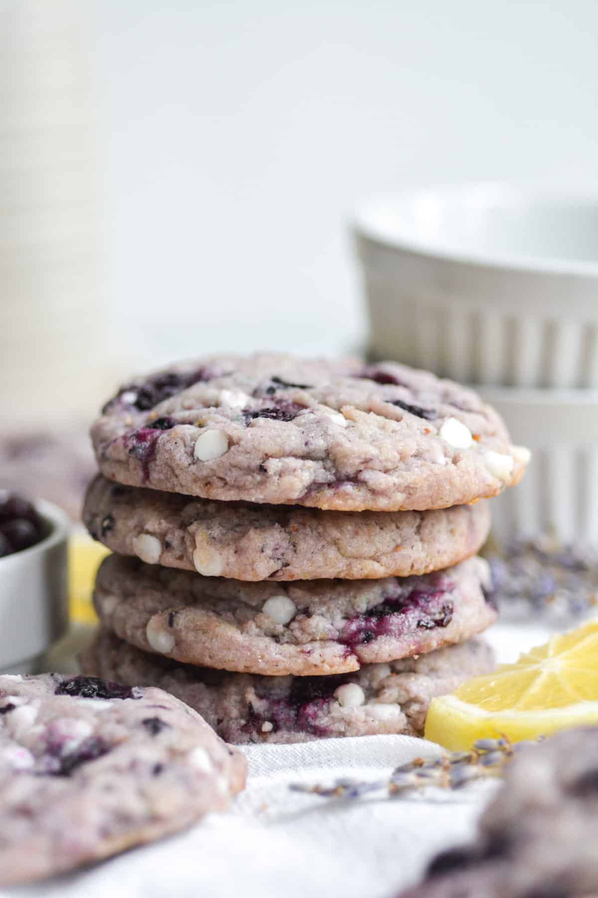 Stack of four easy vegan lemon blueberry sugar cookies