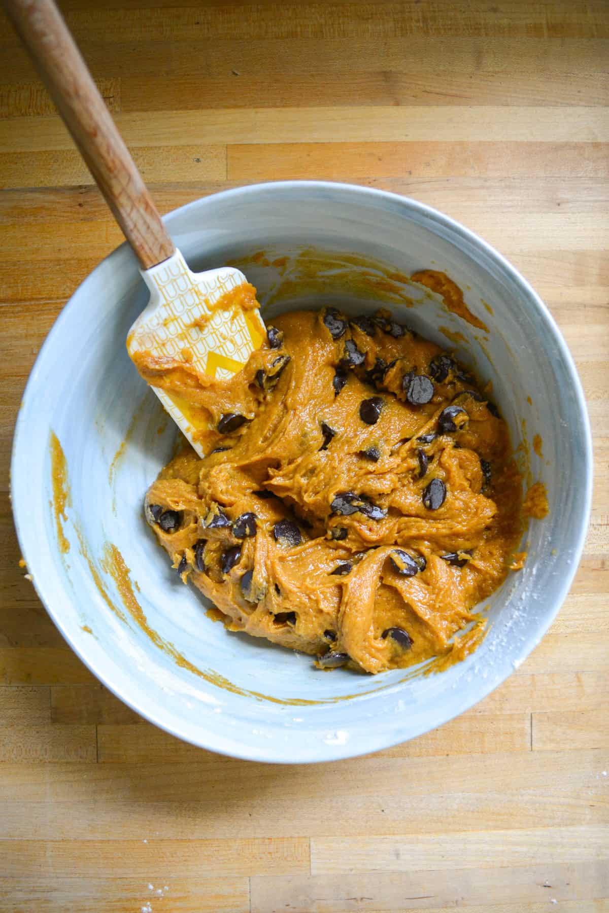 Vegan Pumpkin Chocolate Chip Cookie Dough in a large mixing bowl.