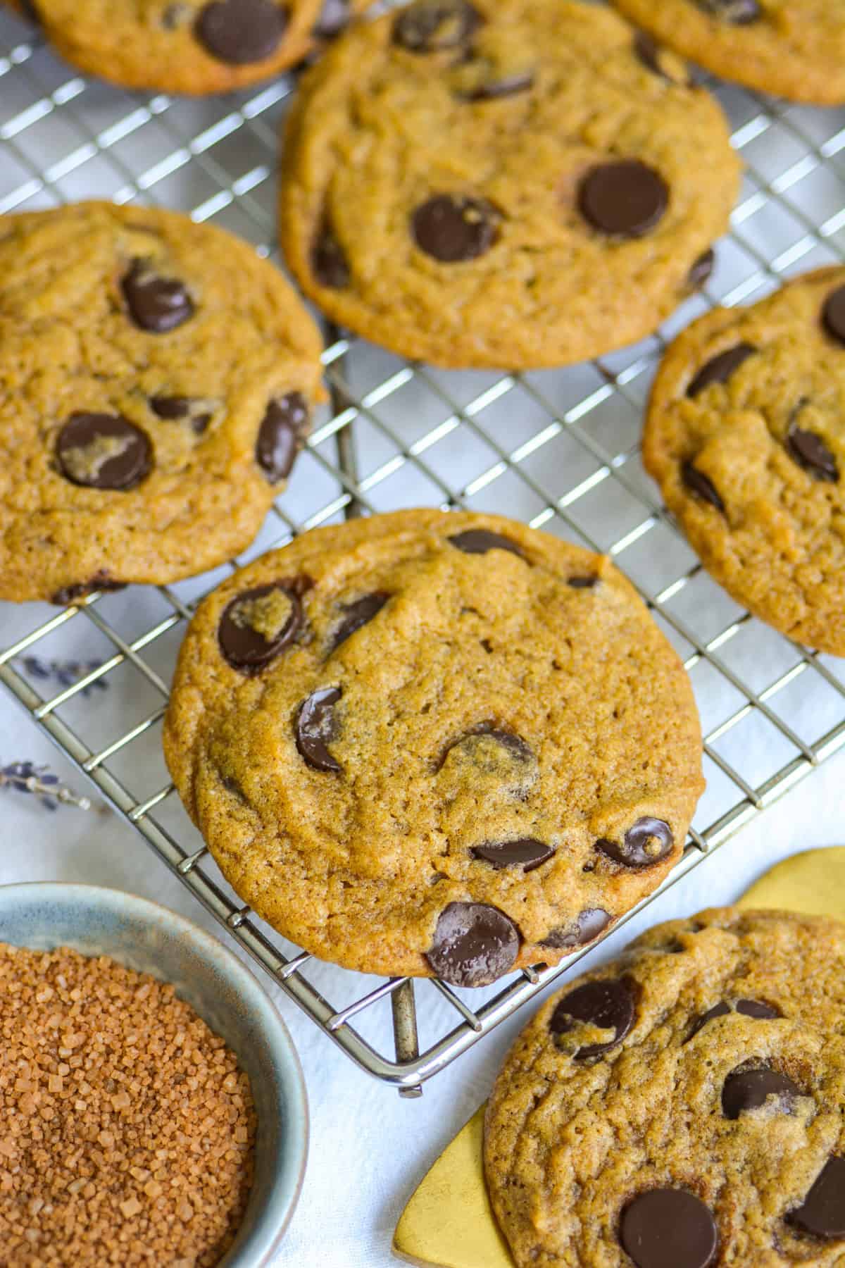 Vegan Pumpkin Chocolate Chip Cookies on a wire cooling rack.