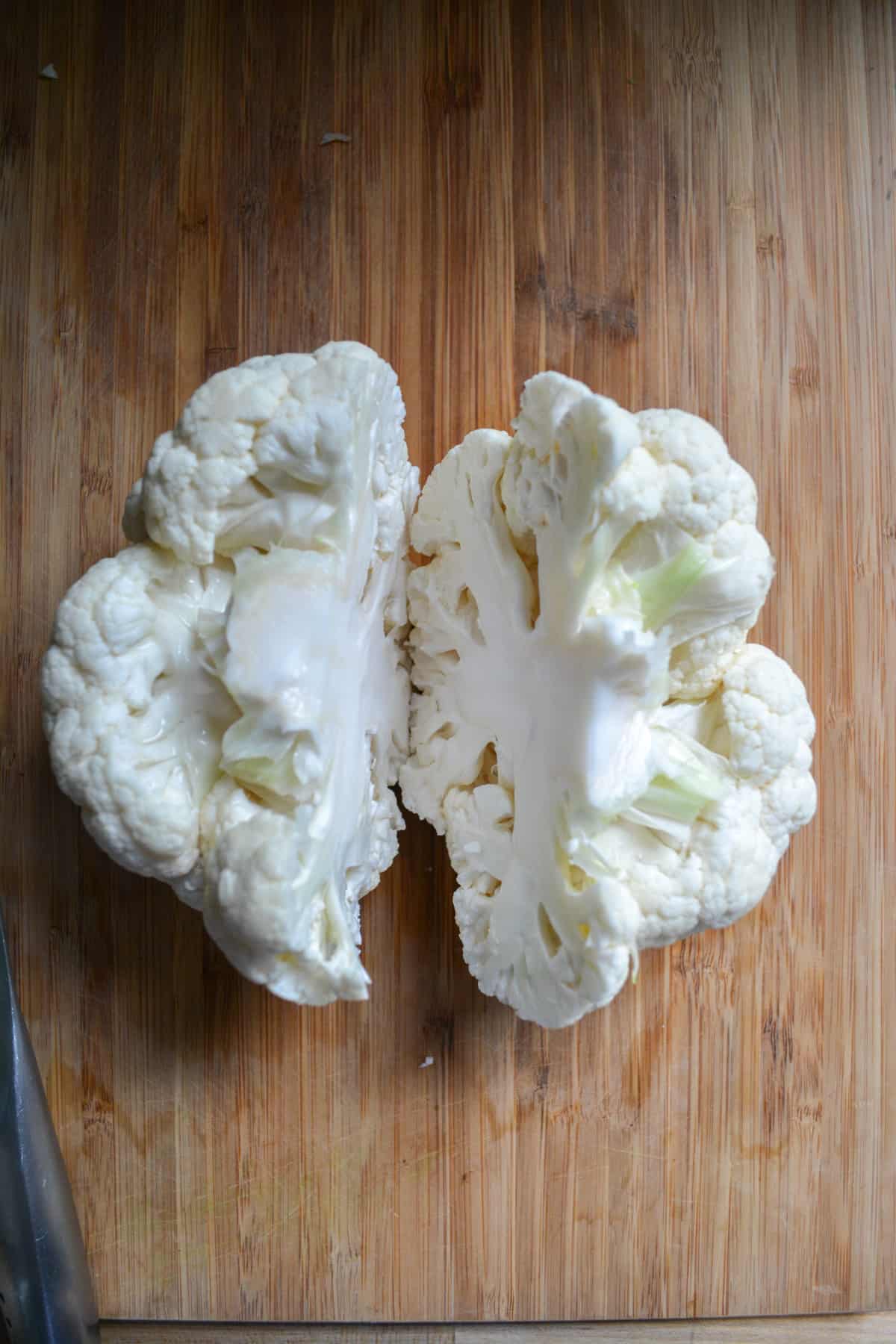 A head of cauliflower cut in half