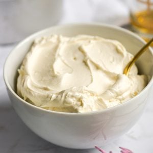 Vegan Maple Bourbon buttercream frosting in a white bowl