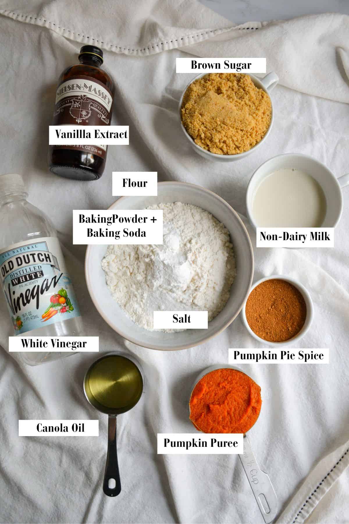 Overhead shot of ingredients needed to make this eggless pumpkin cake.