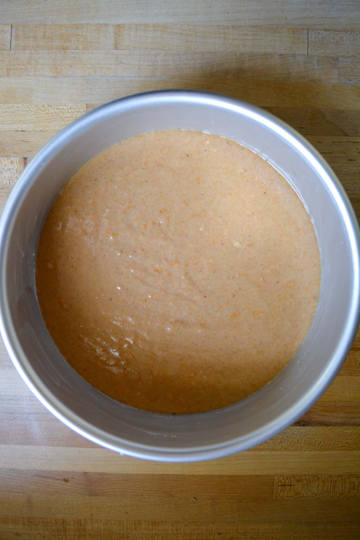 Pour the batter into a prepared 8" round cake pan and bake!