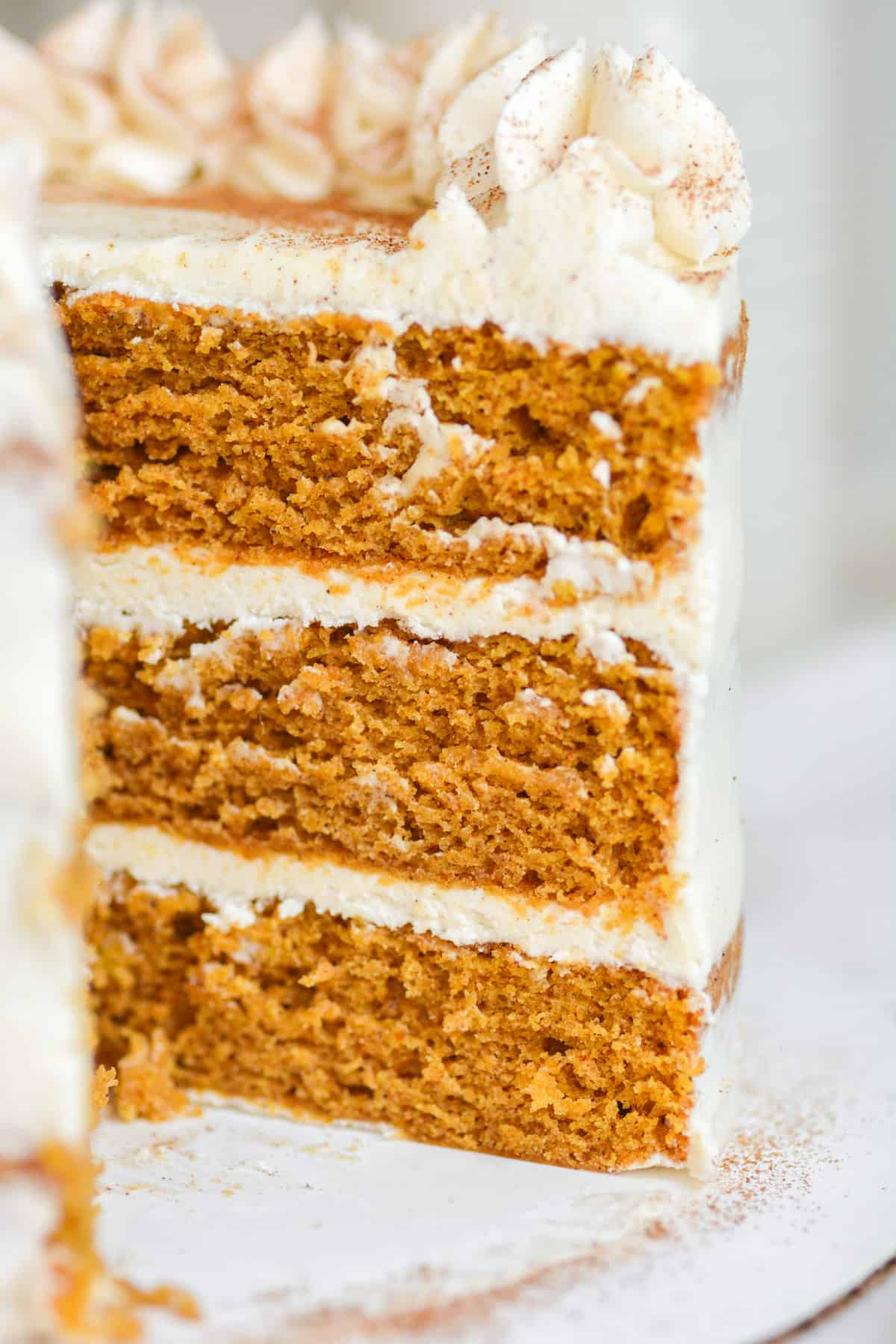 A cross-section of the Vegan Pumpkin Spice Layer Cake.