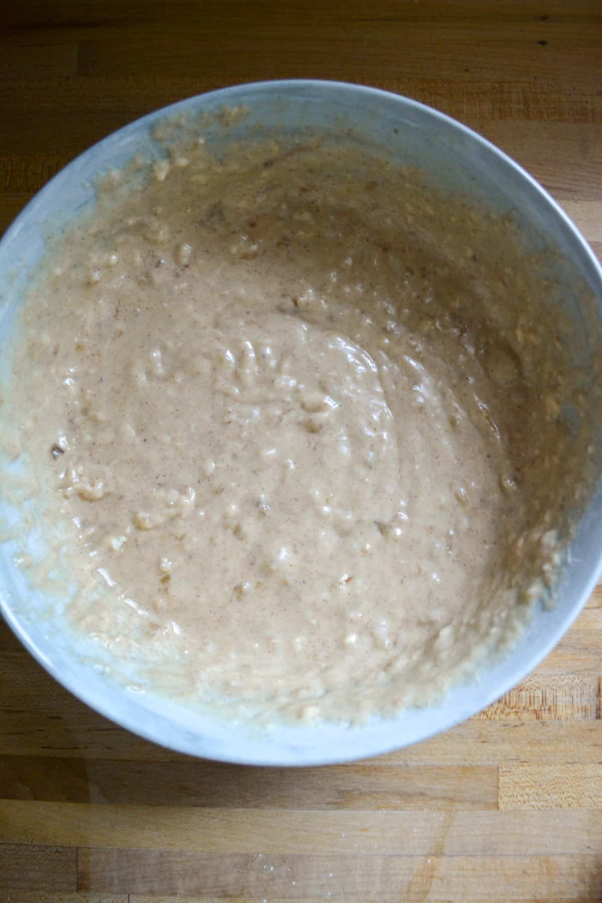 Finished muffin batter in a bowl.