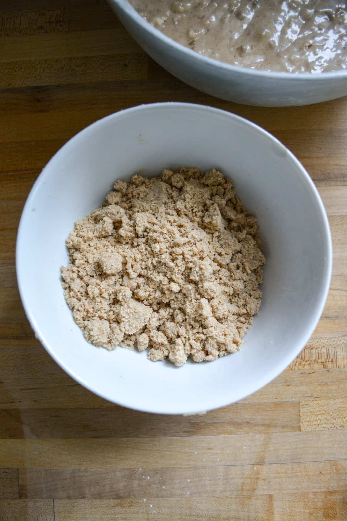 Streusel in a white bowl.