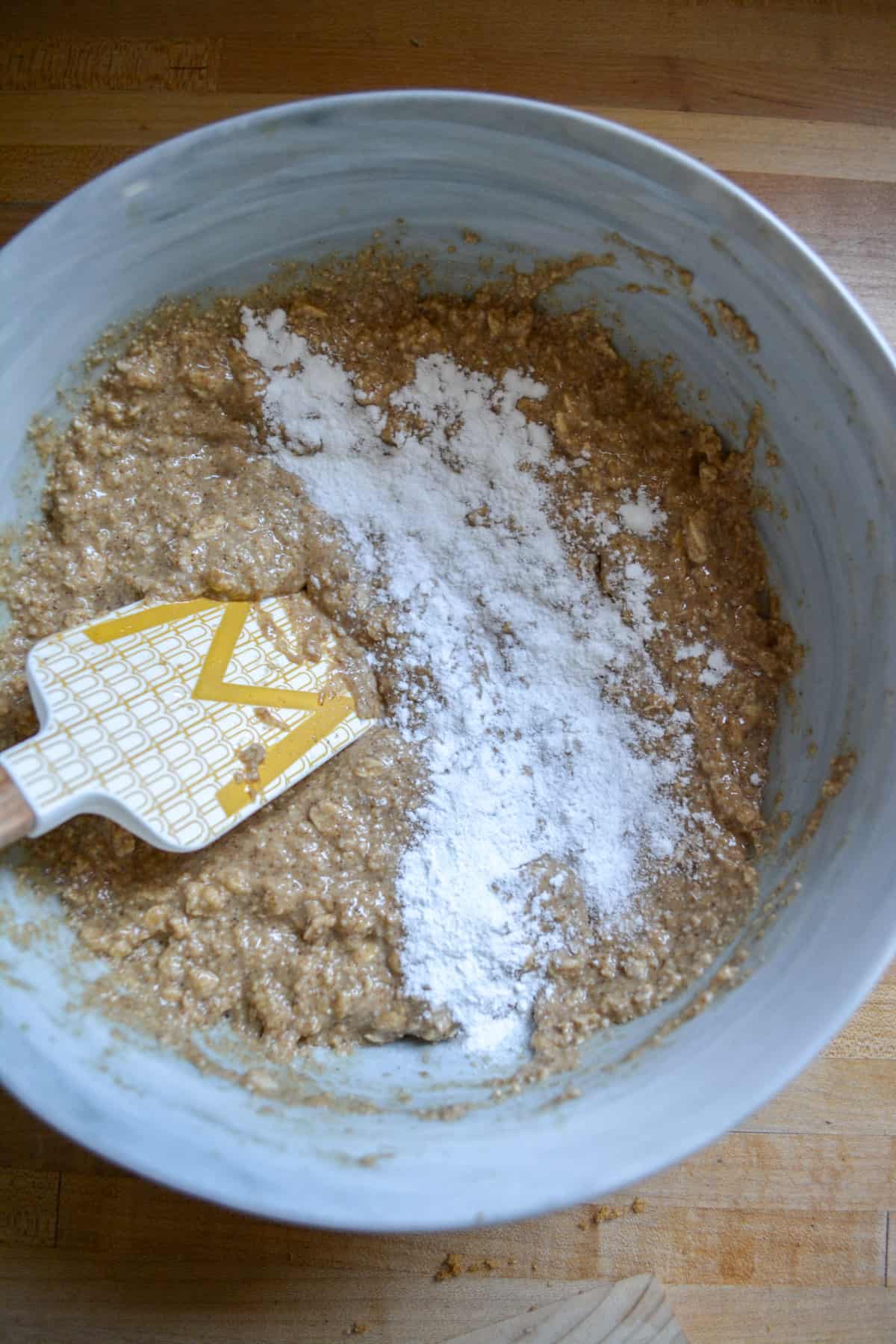 Leaveners added into the batter in a mixing bowl.