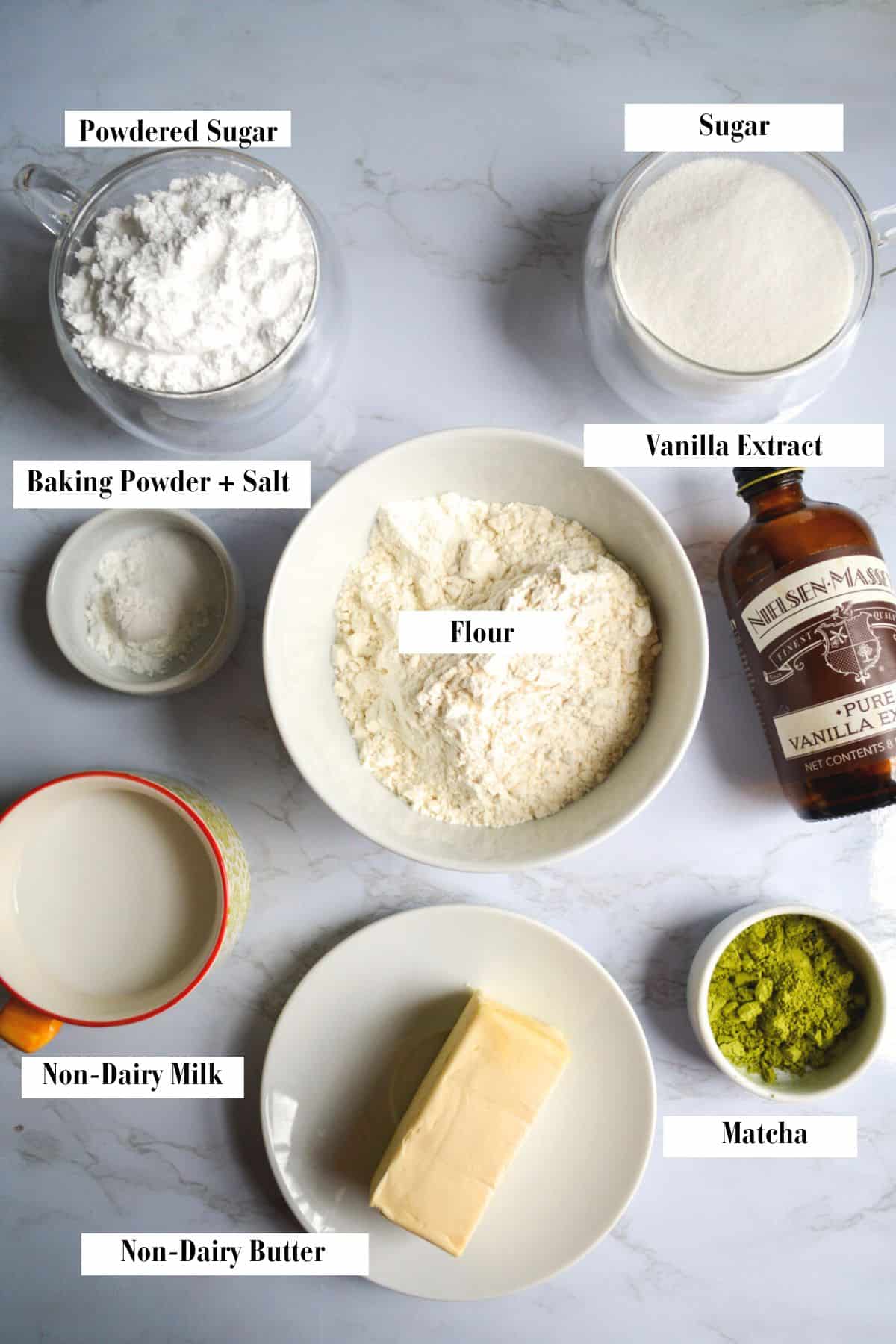 Overhead photo of ingredients needed to make the cake.