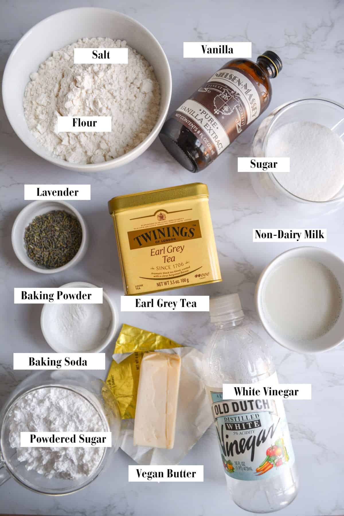Ingredients for making this earl grey scone with lavender glaze recipe.