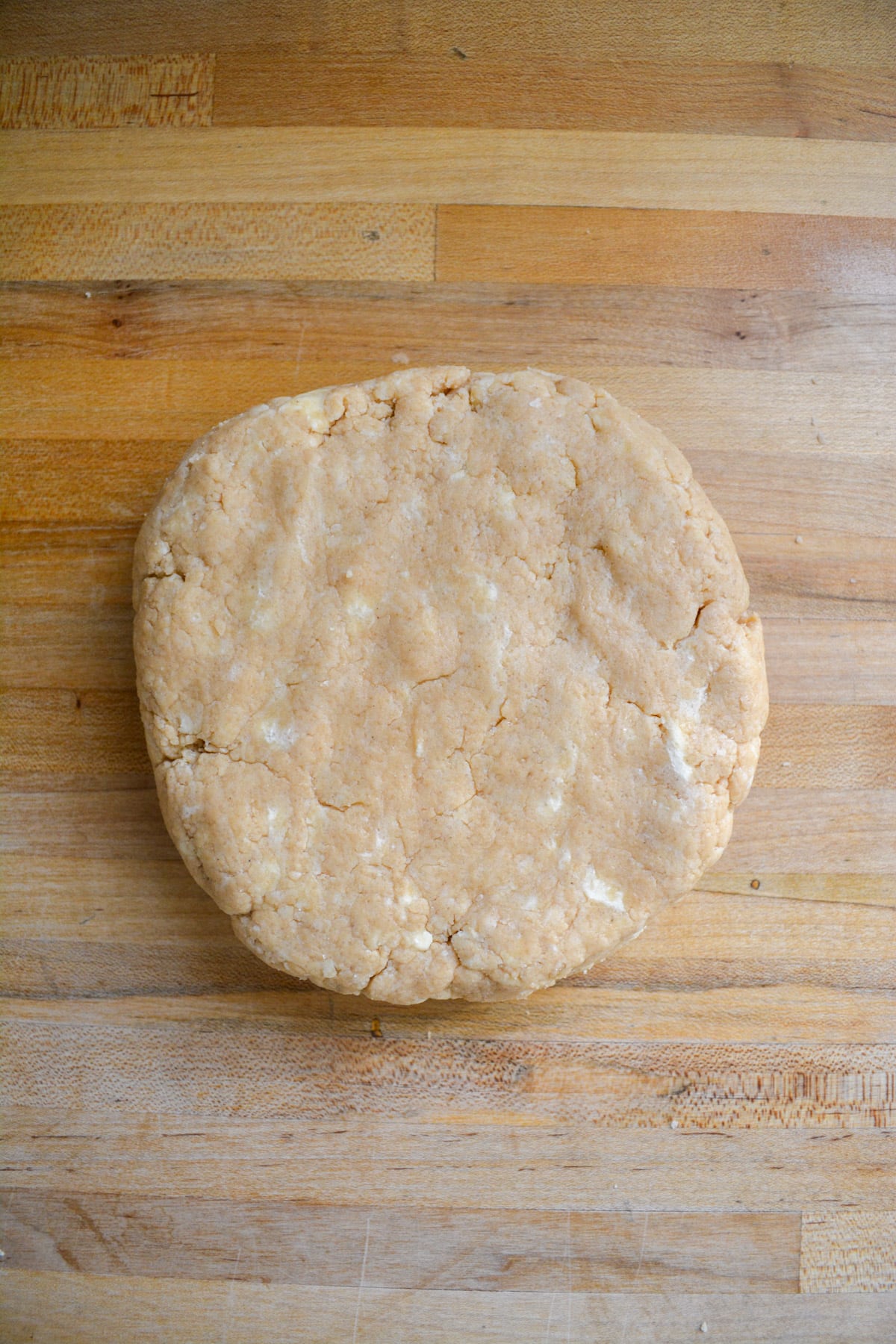 Dough pressed into a six inch diameter circle.