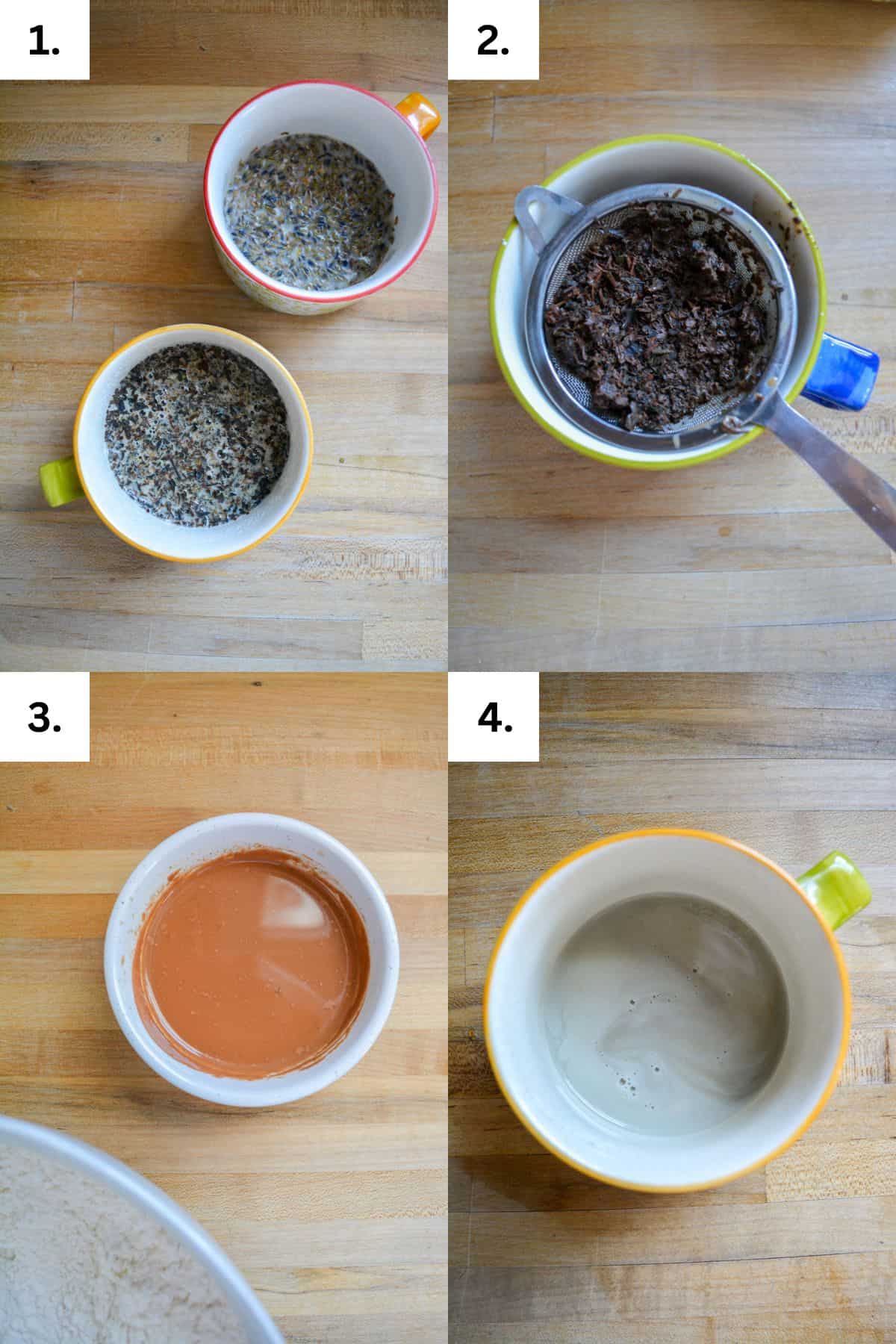 Step by step of brewing the earl grey tea and lavender flowers.