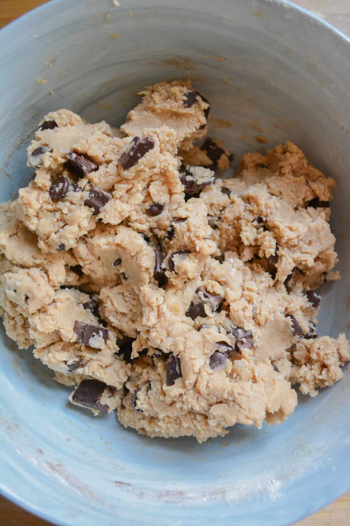 Vegan Banana Chocolate Chip Cookie dough mixed and ready to scoop.