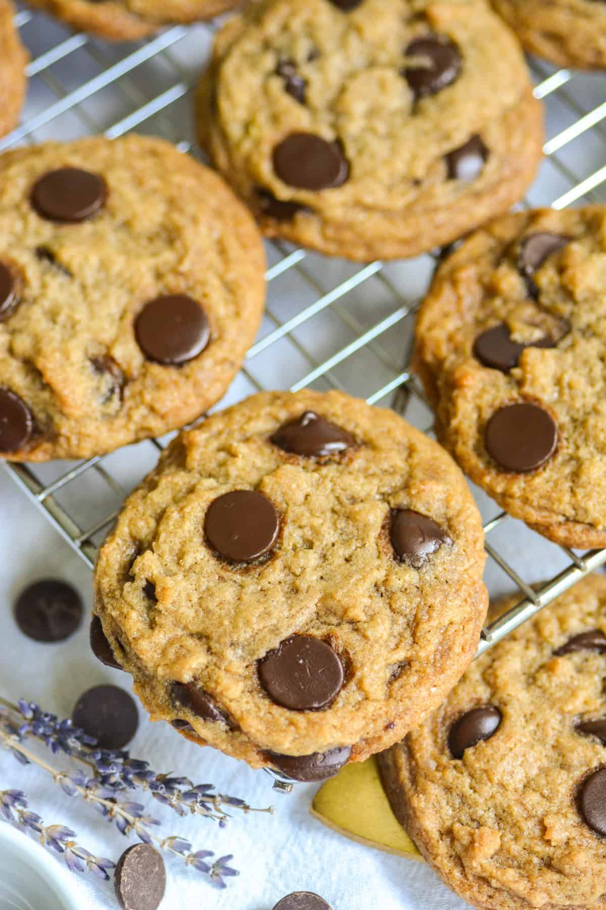 Vegan Banana Chocolate Chip cookies on a wire cooling rack.