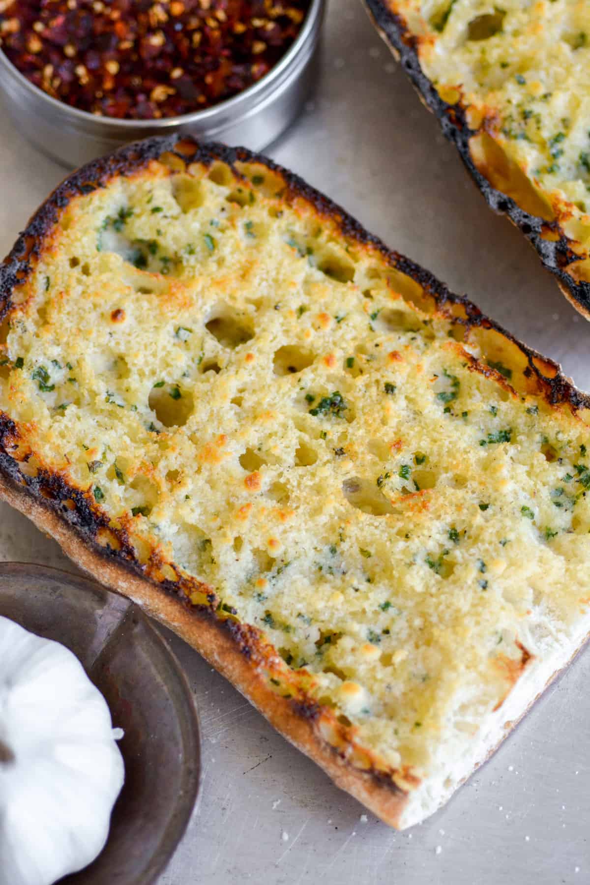 The finished dairy-free vegan cheesy garlic bread.