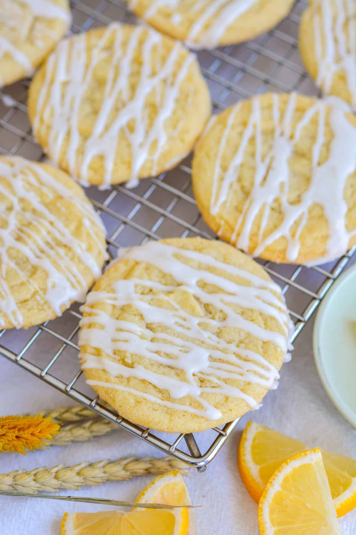 Vegan Lemon Cookies on a wire cooling rack.