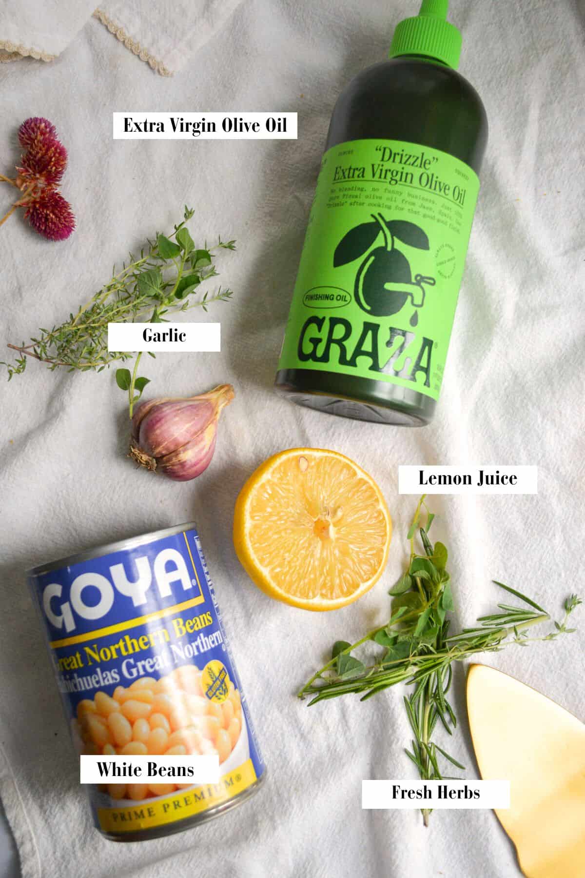 Photo of ingredients needed to make this Vegan Italian White Bean Dip with Rosemary.