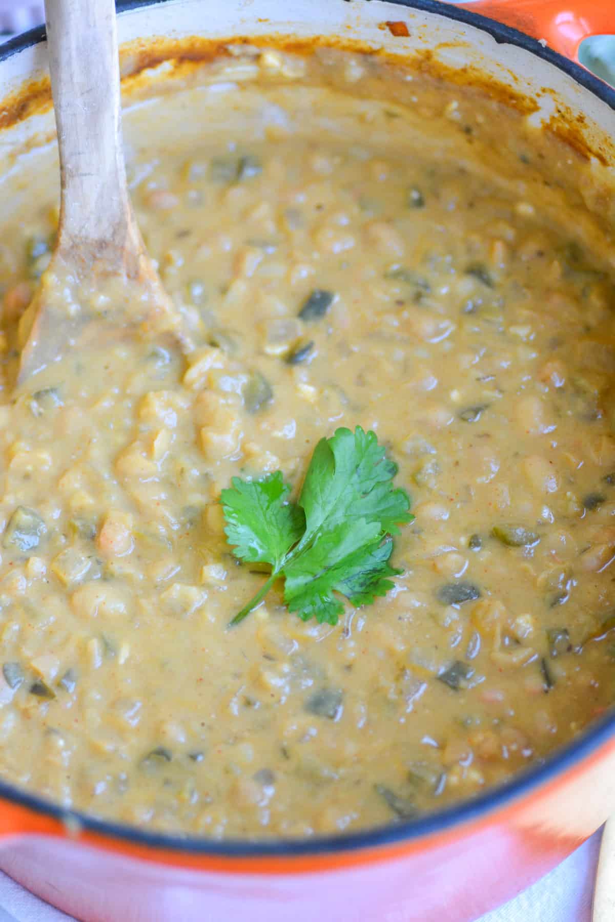Finished Creamy Vegan White Chili with topped with cilantro.