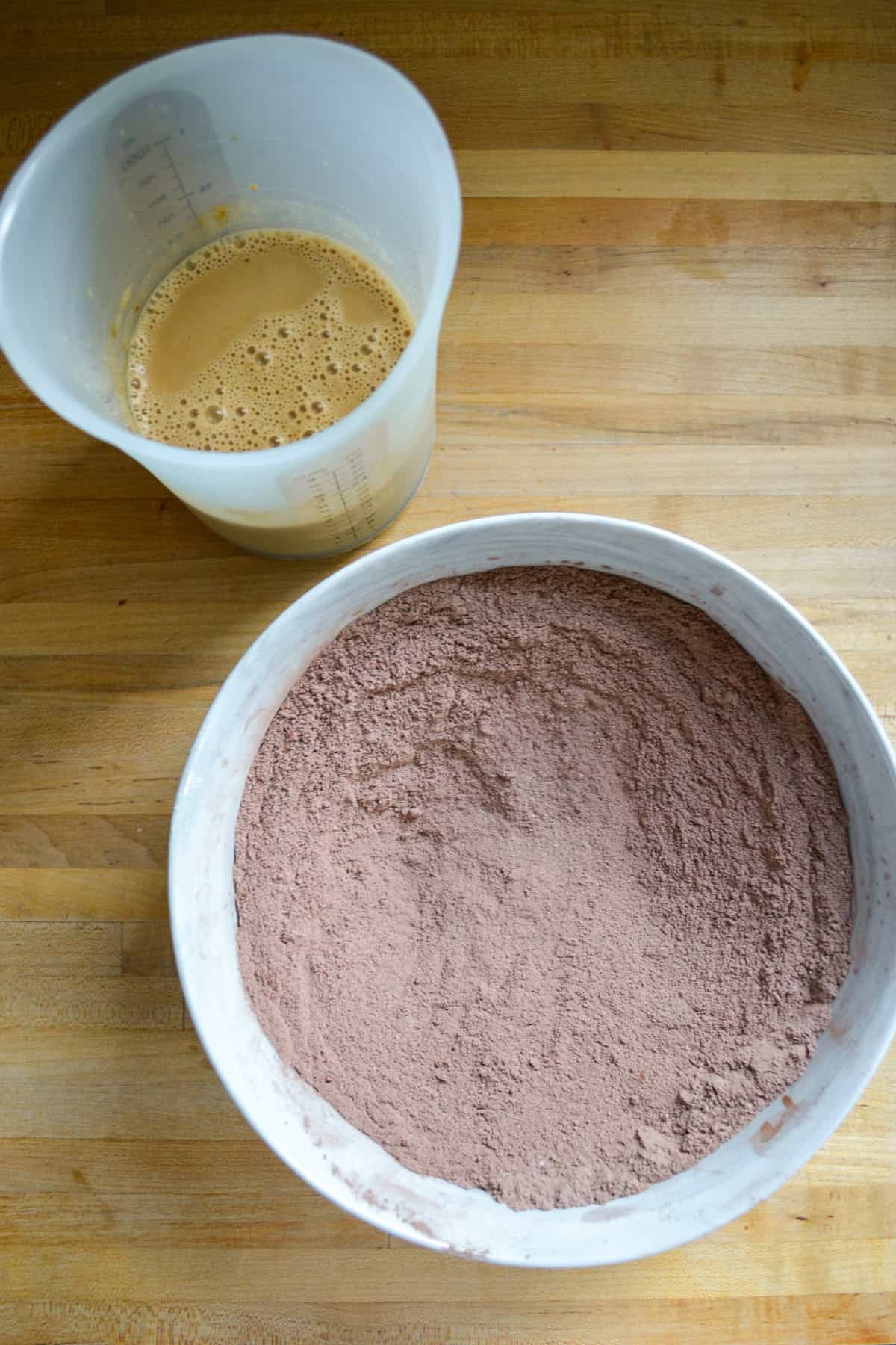 Dry ingredients for the cake in a large mixing bowl.
