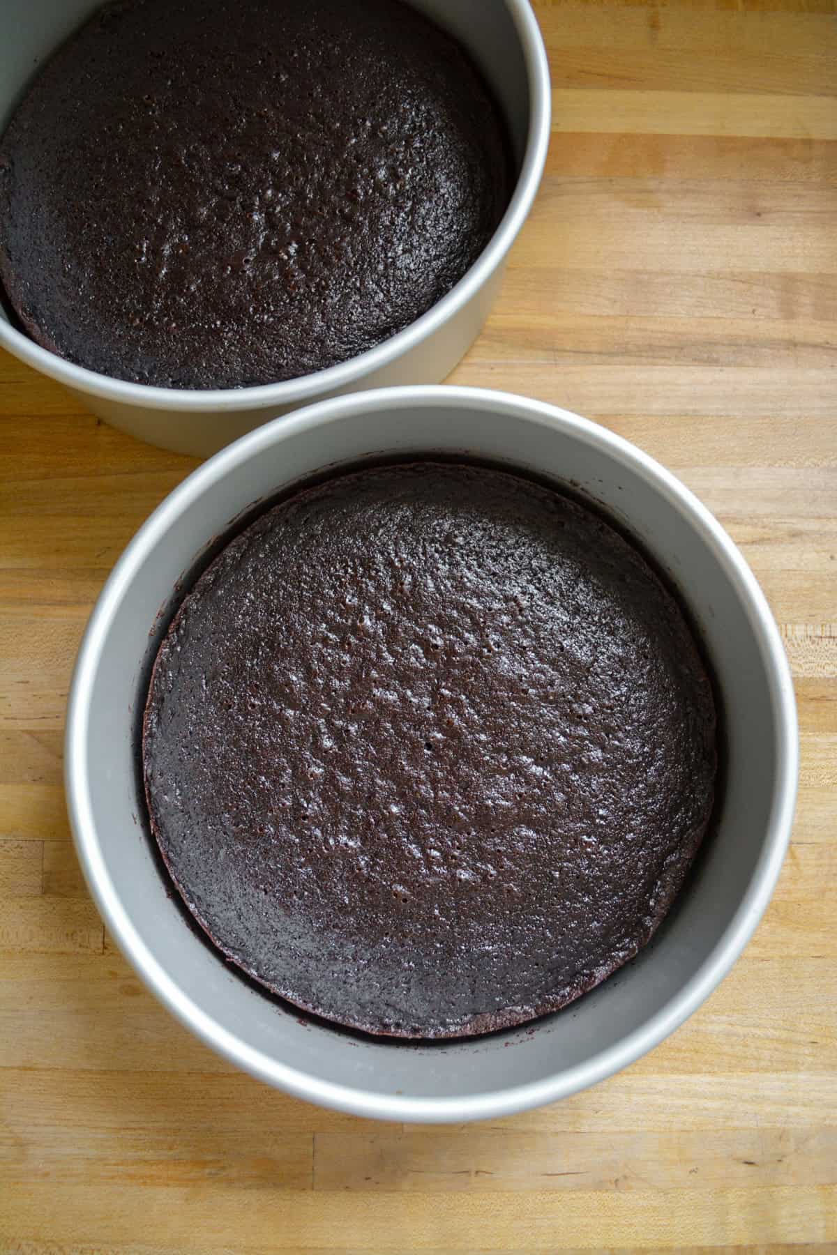 Baked chocolate cake layers.