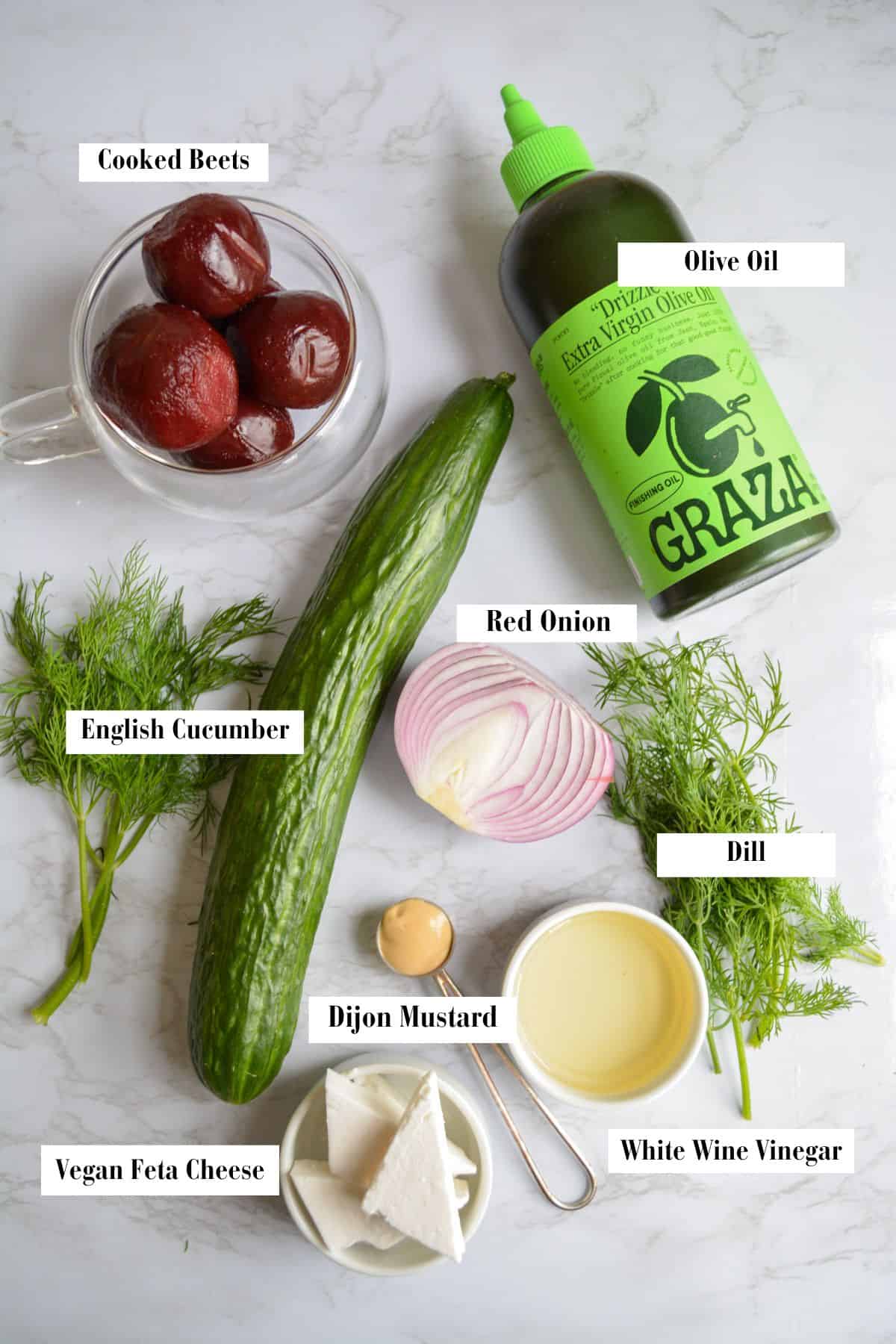 Overhead photo of ingredients to make this Beet Cucumber Salad.
