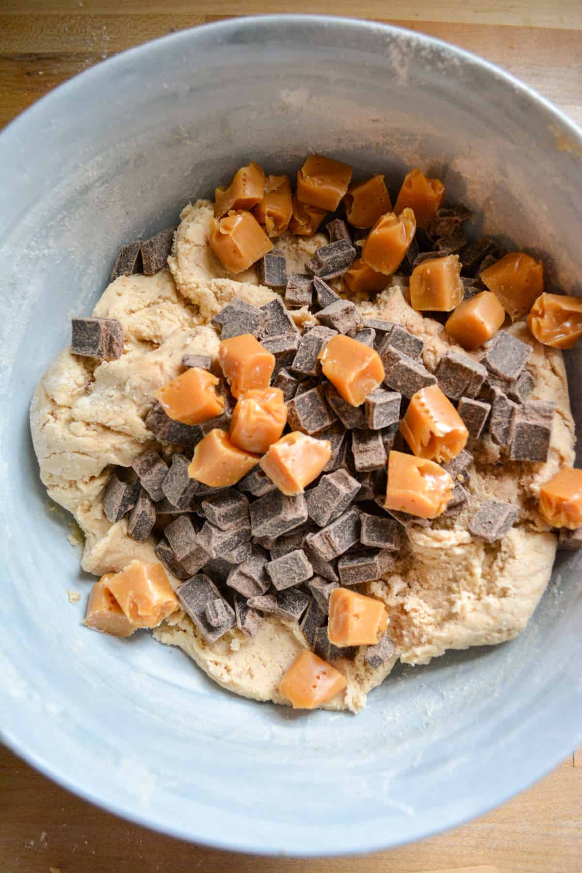 Caramel candy and chocolate chips added into the cookie dough.