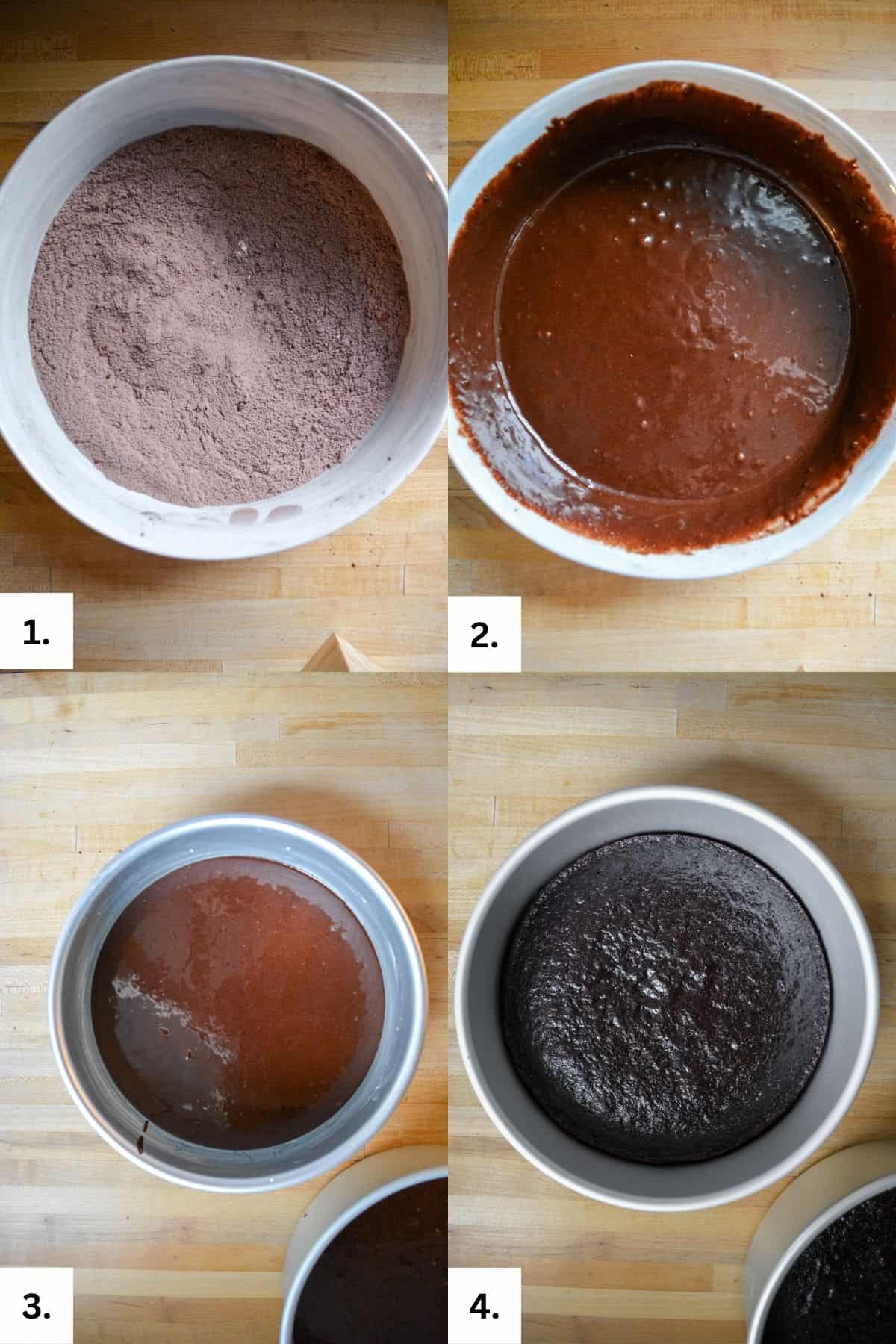 Step-by-step photos of mixing the chocolate cake batter, pouring it into cake pans and baking it.